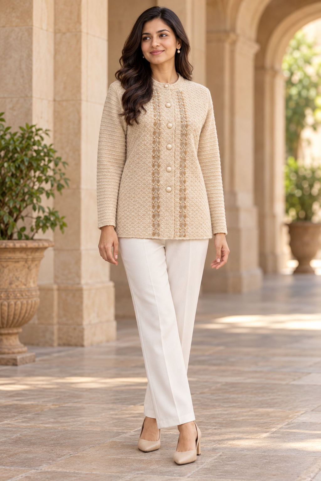 Beige Floral Embellished Woolen Cardigan - Image 1