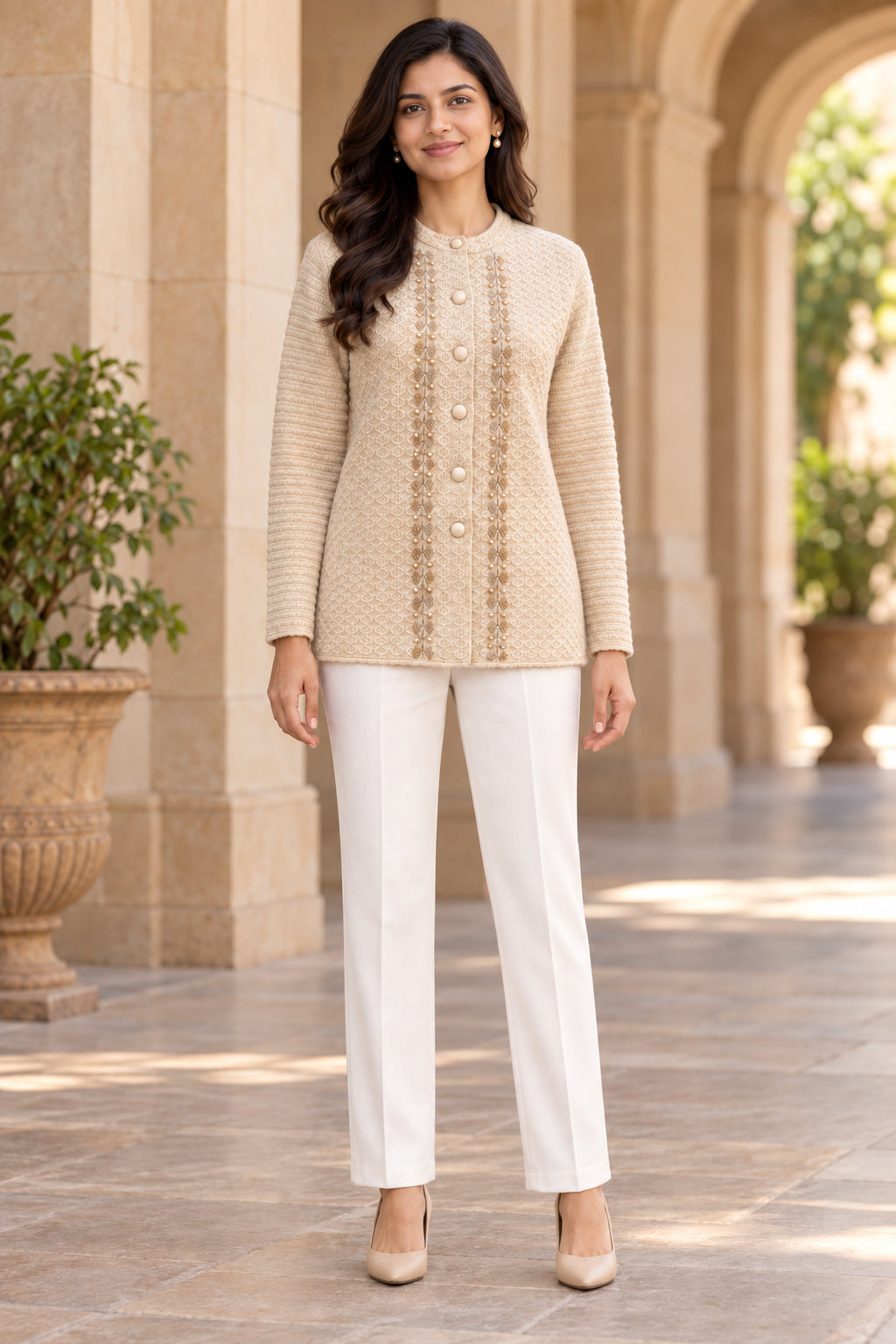 Beige Floral Embellished Woolen Cardigan - Image 2
