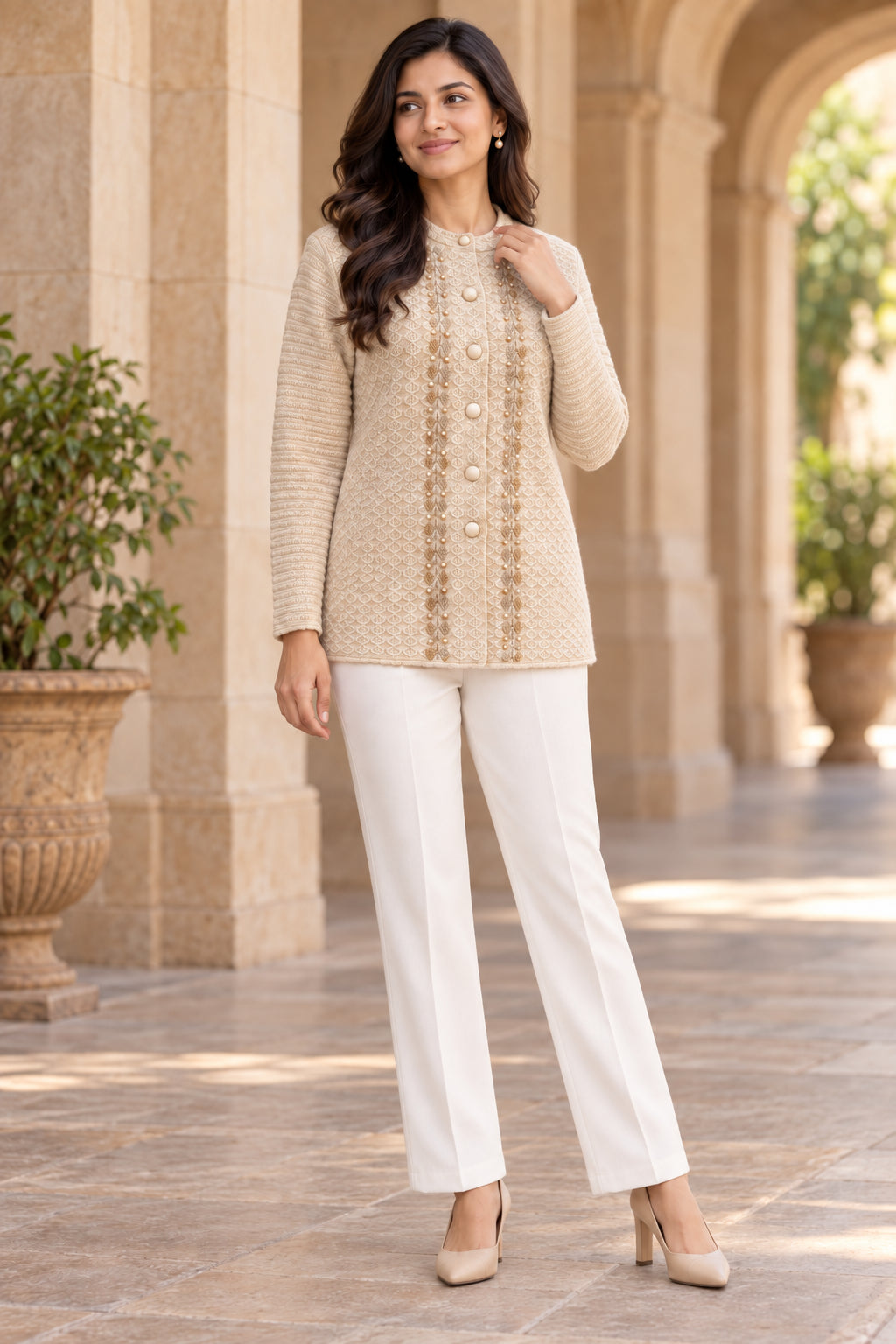 Beige Floral Embellished Woolen Cardigan - Image 5