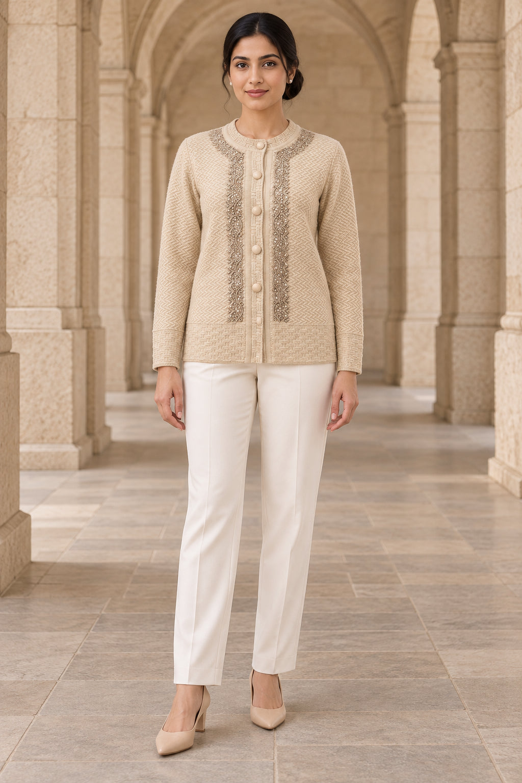 Beige Herringbone Woolen Cardigan - Image 1