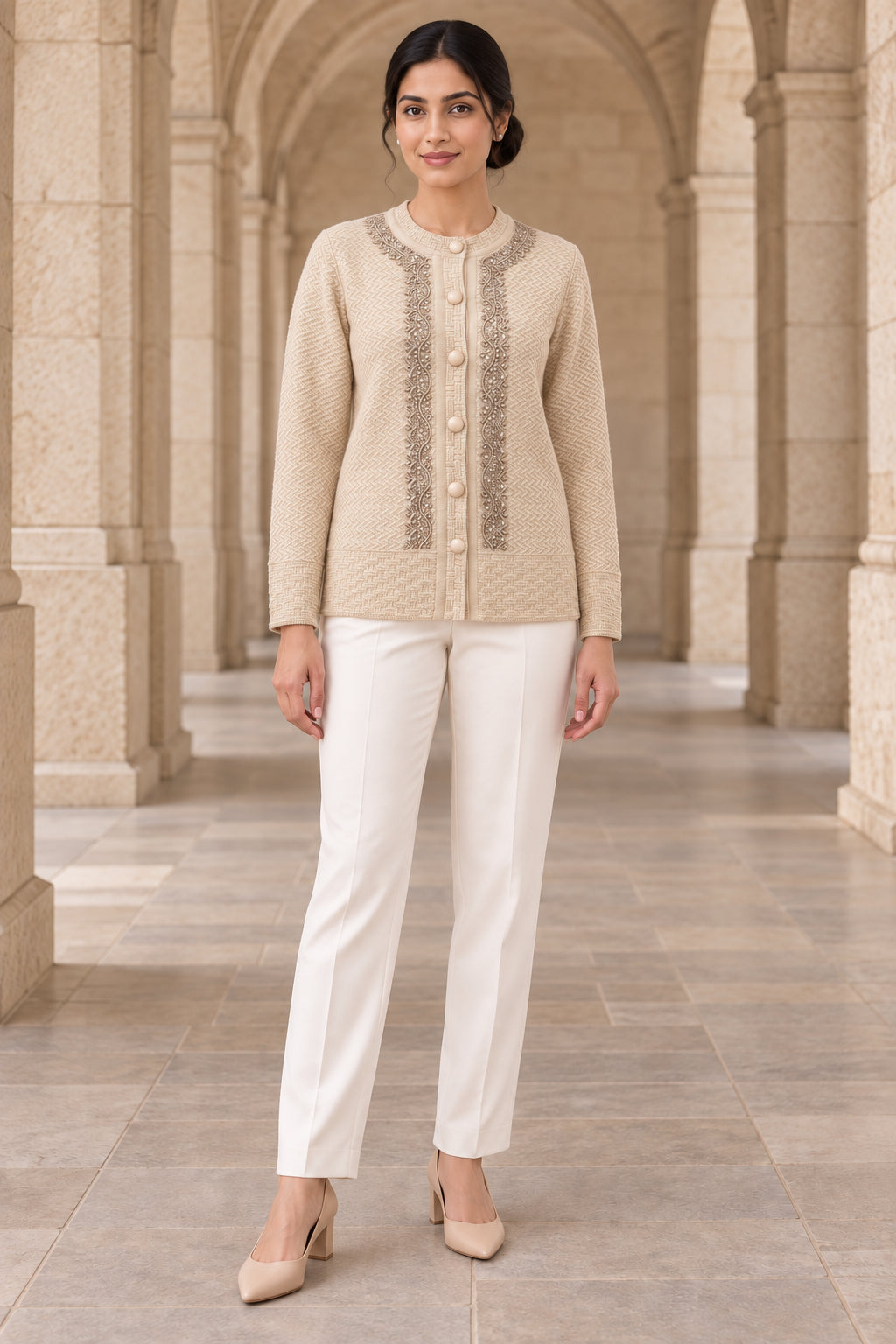 Beige Herringbone Woolen Cardigan - Image 2