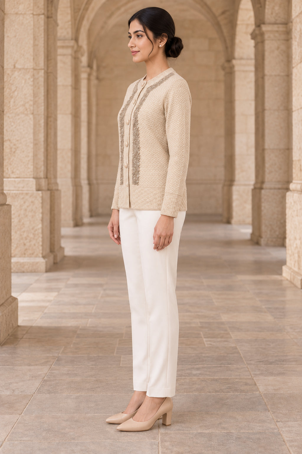 Beige Herringbone Woolen Cardigan - Image 3