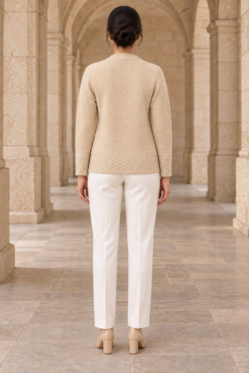 Beige Herringbone Woolen Cardigan - Image 4