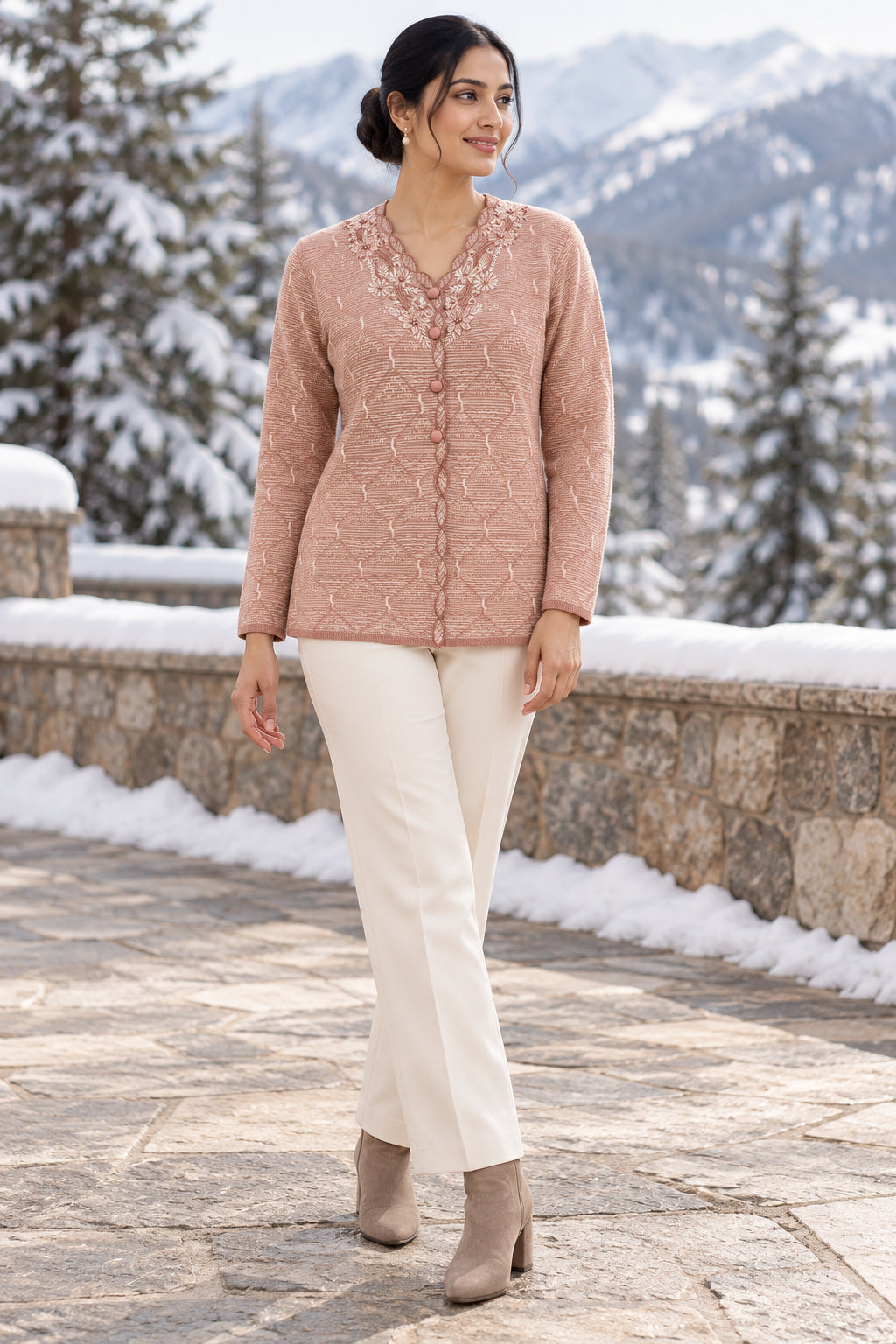 Pink Floral V Neck Woolen Cardigan - Image 1