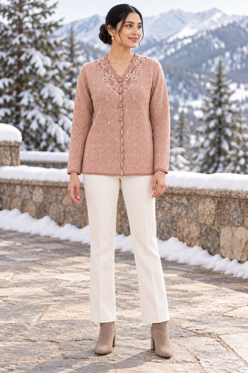Pink Floral V Neck Woolen Cardigan - Image 2