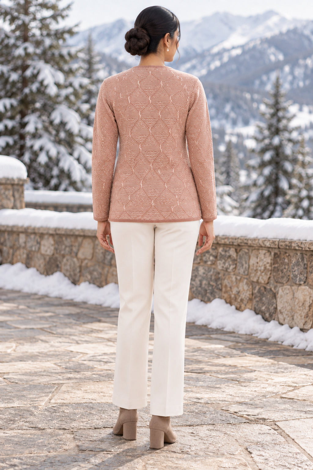 Pink Floral V Neck Woolen Cardigan - Image 4
