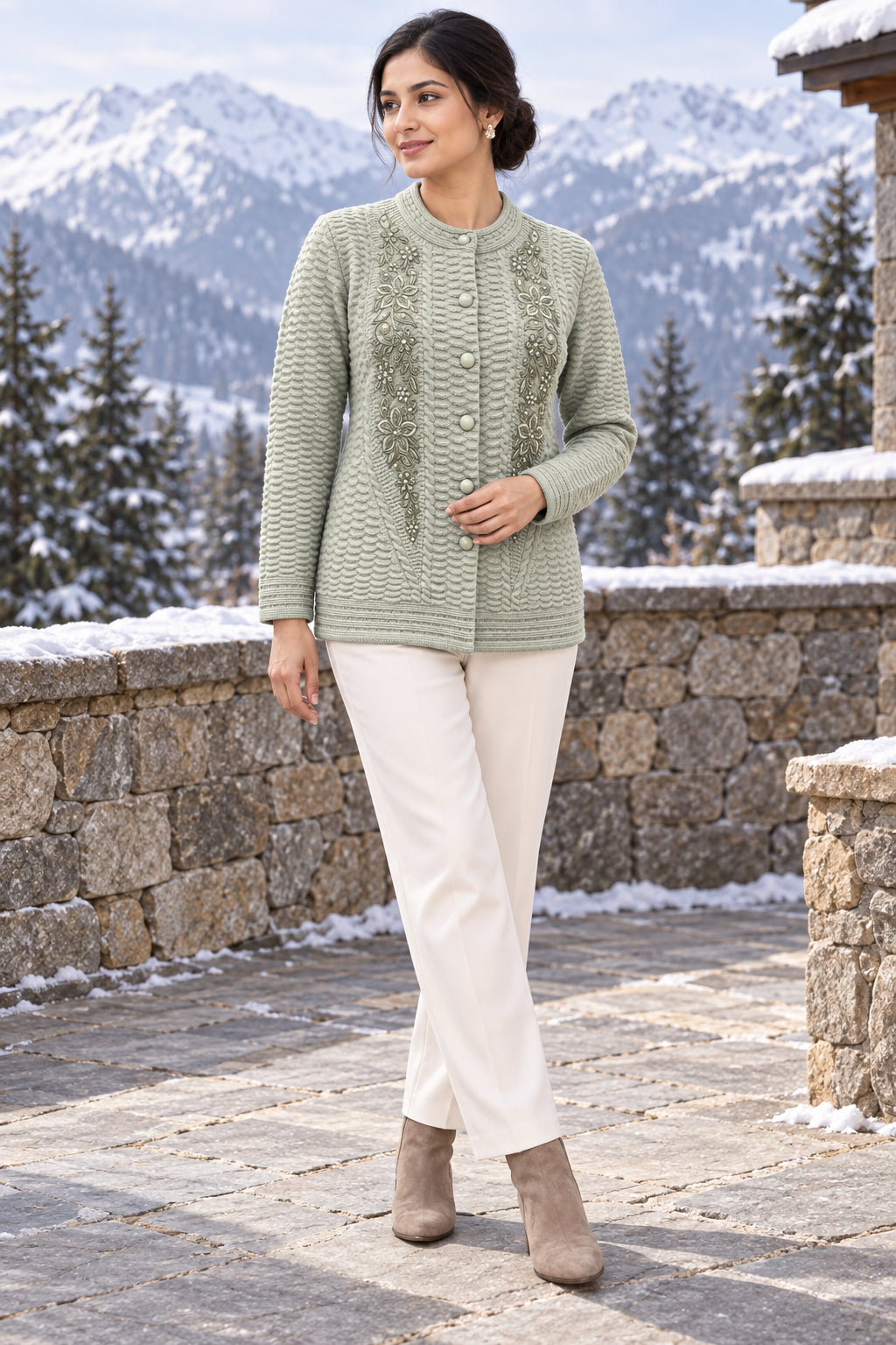 Green Floral Embroidered Woolen Cardigan - Image 1