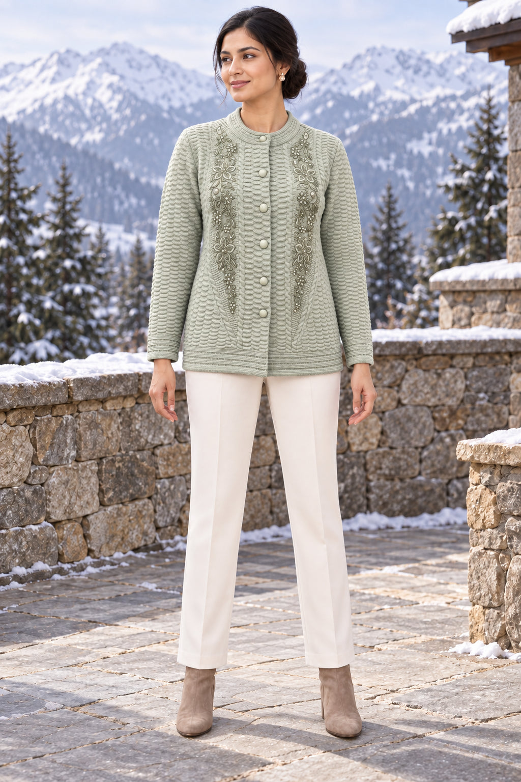 Green Floral Embroidered Woolen Cardigan - Image 2