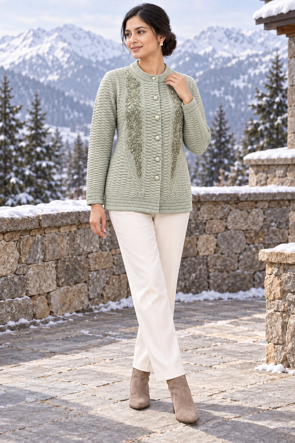 Green Floral Embroidered Woolen Cardigan - Image 5