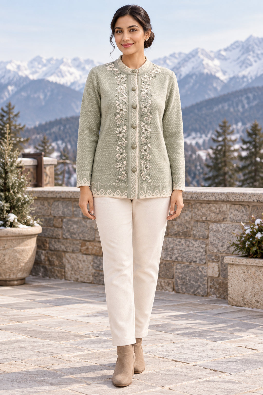 Grey Floral Embroidered Woolen Cardigan - Image 1