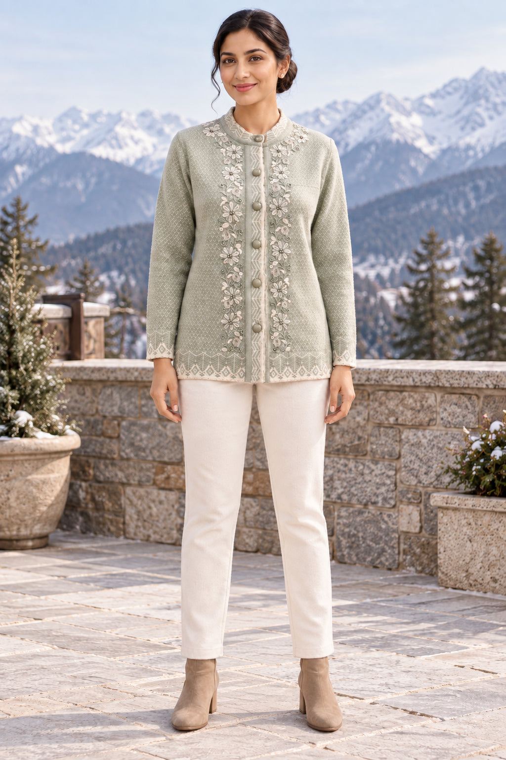 Grey Floral Embroidered Woolen Cardigan - Image 2