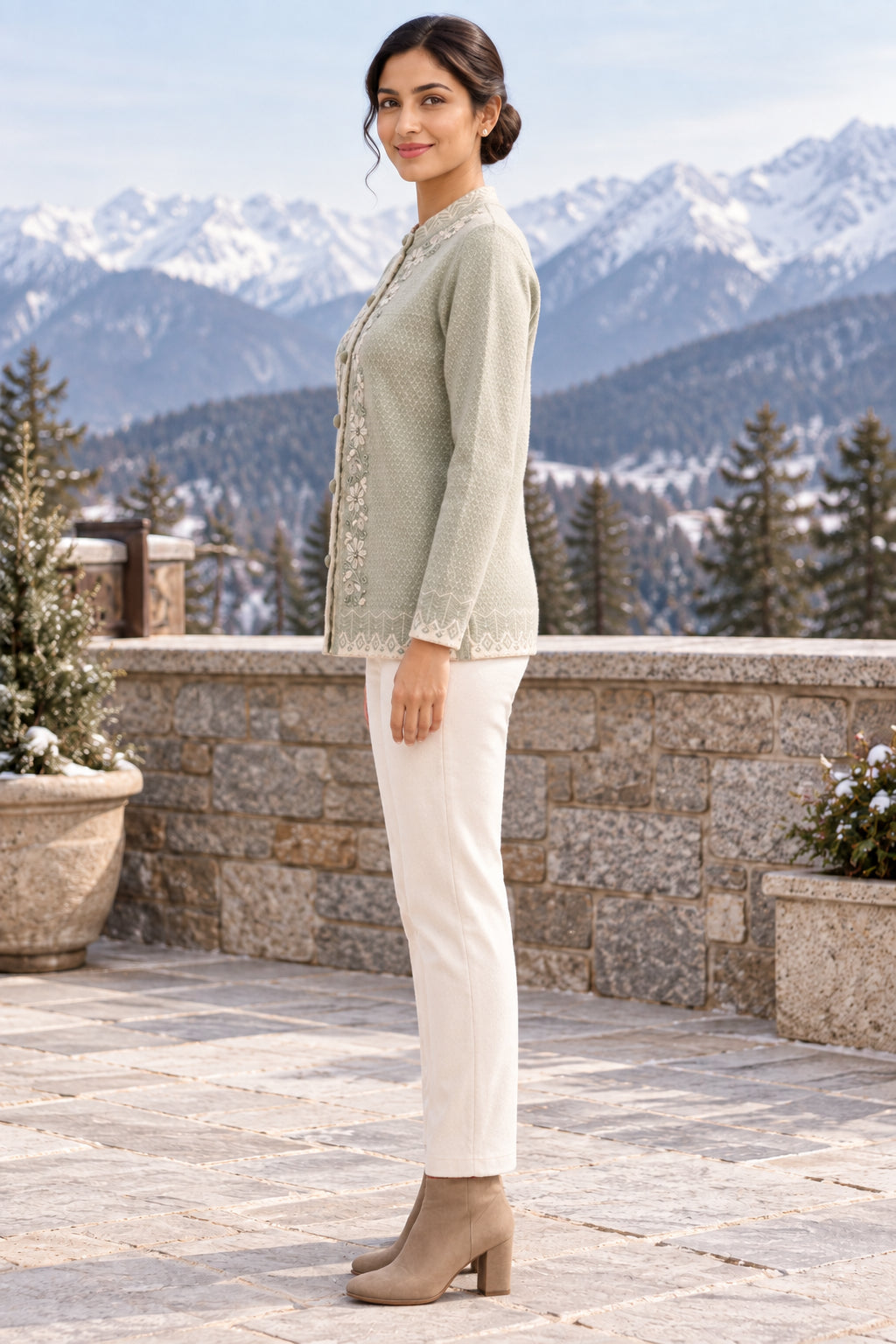 Grey Floral Embroidered Woolen Cardigan - Image 3
