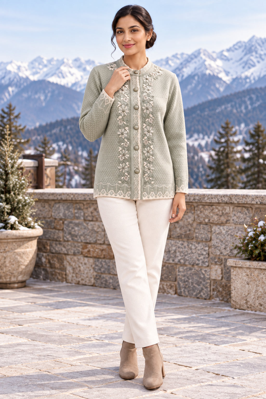 Grey Floral Embroidered Woolen Cardigan - Image 5