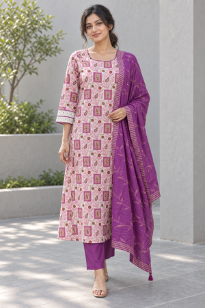 Peachmode Pink Pure Cotton Geometric Printed Salwar Suit Set - Image 1