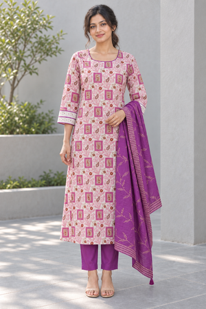 Peachmode Pink Pure Cotton Geometric Printed Salwar Suit Set - Image 2