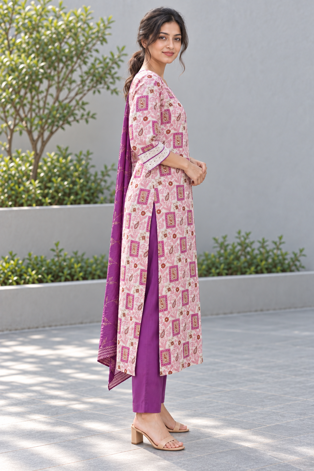 Peachmode Pink Pure Cotton Geometric Printed Salwar Suit Set - Image 3