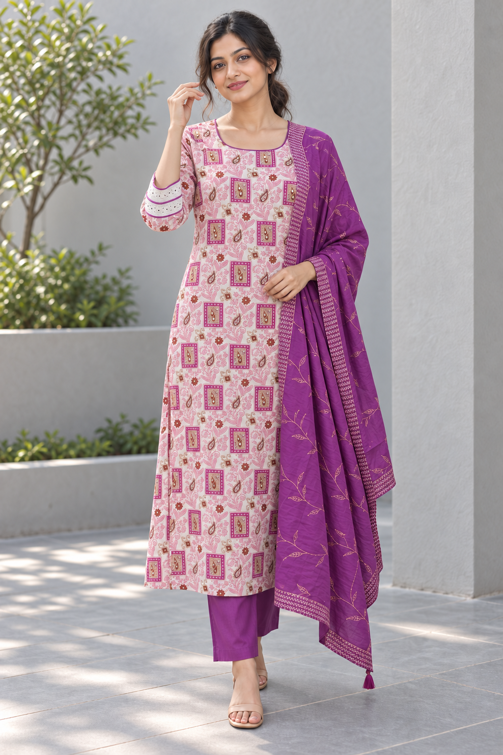 Peachmode Pink Pure Cotton Geometric Printed Salwar Suit Set - Image 5