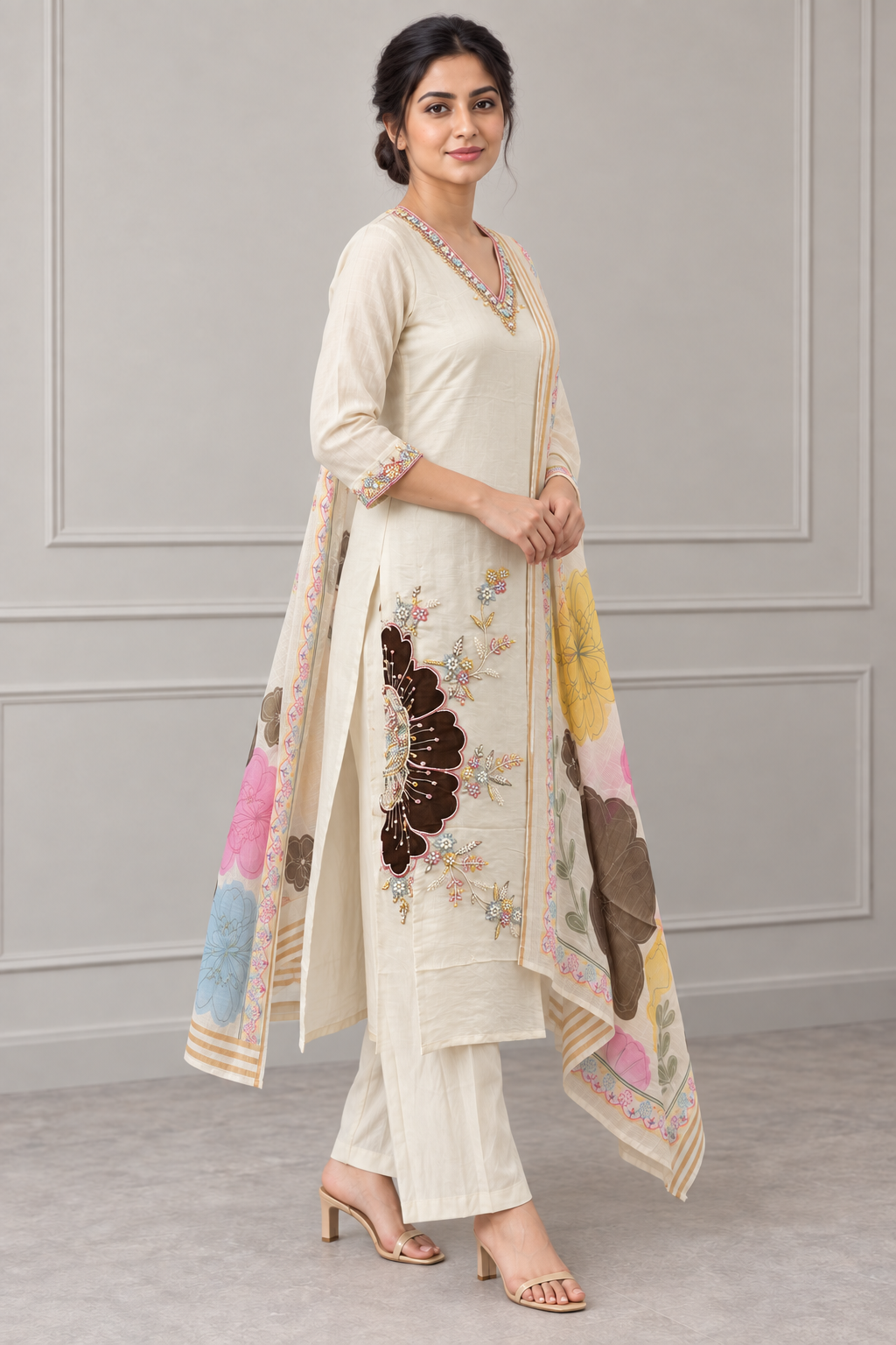 Cream Chanderi Silk Floral Embroidered Salwar Suit - Image 3