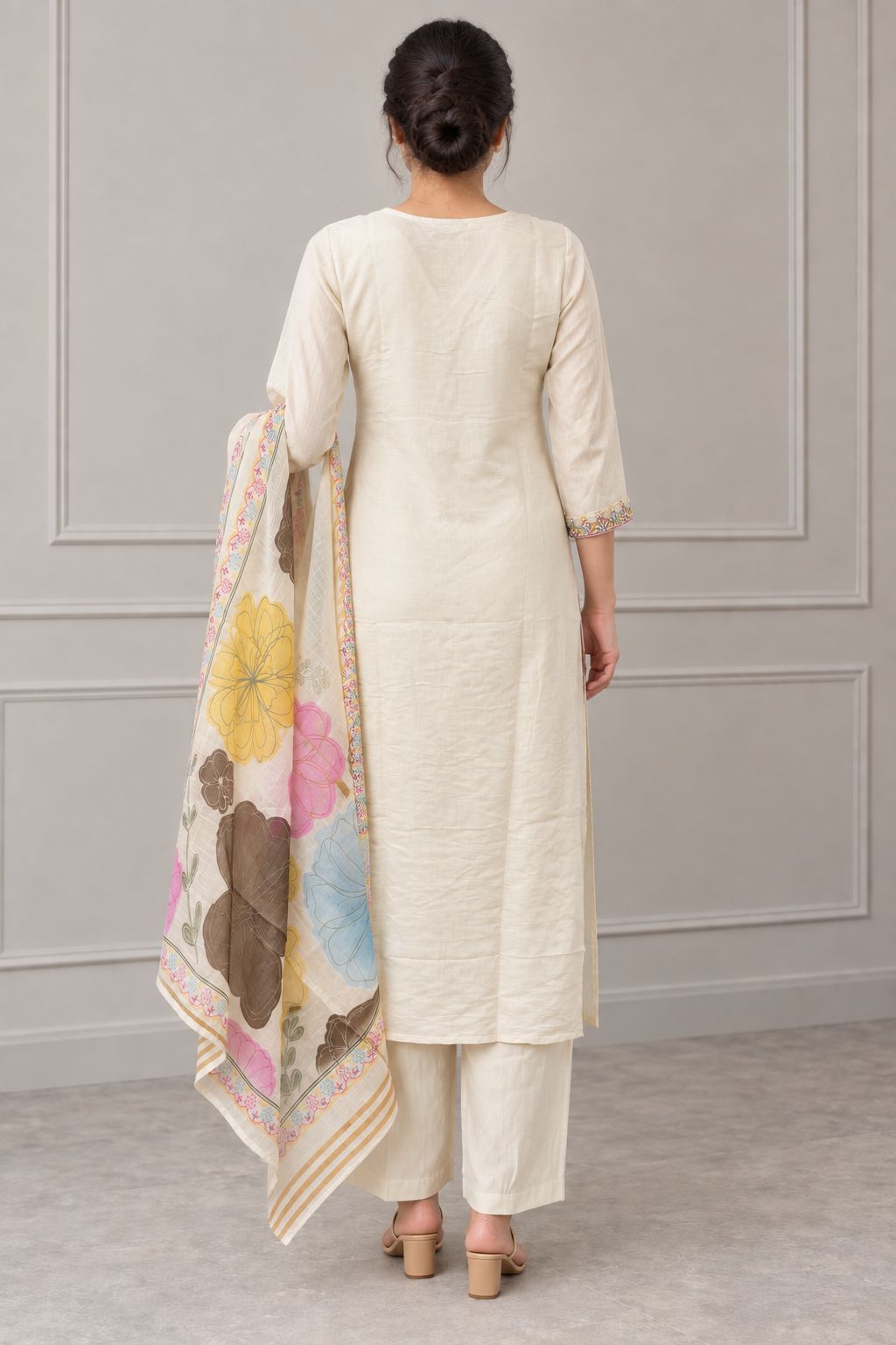 Cream Chanderi Silk Floral Embroidered Salwar Suit - Image 4