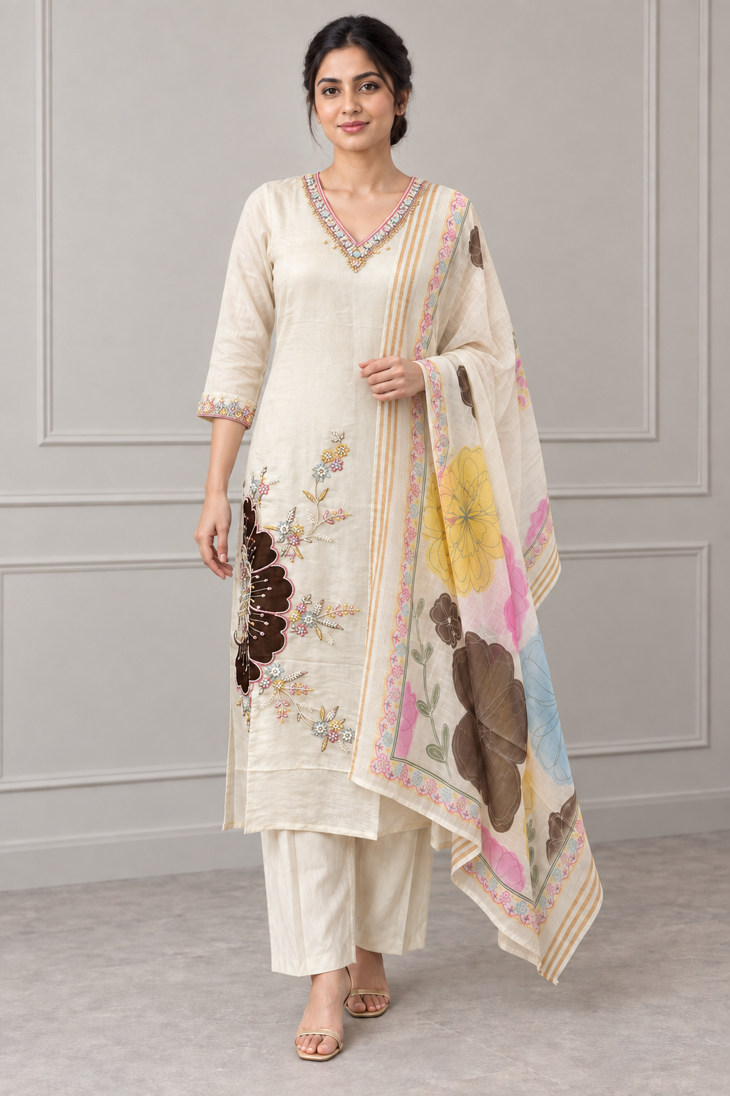 Cream Chanderi Silk Floral Embroidered Salwar Suit - Image 5