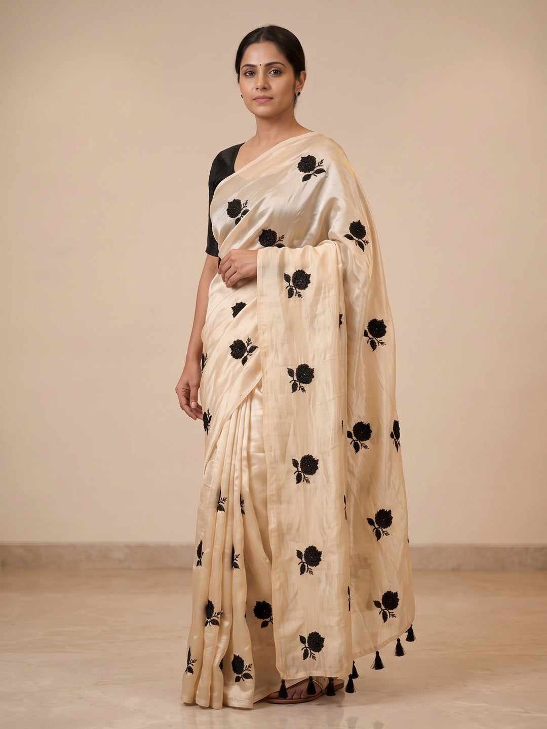 Peachmode Cream Satin Floral Embroidered Saree - Image 4