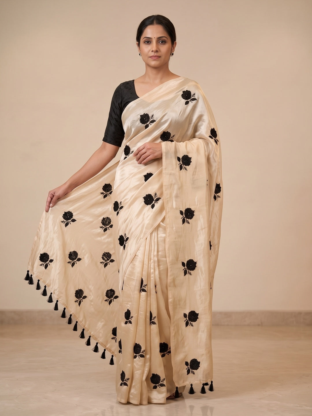 Peachmode Cream Satin Floral Embroidered Saree - Image 5