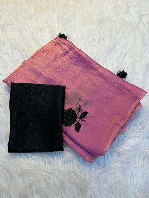 Peachmode Pink Satin Floral Embroidered Saree - Image 2