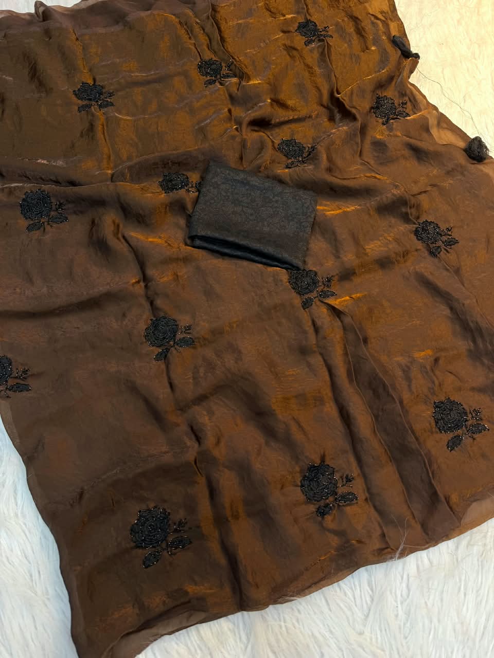 Peachmode Brown Satin Floral Embroidered Saree - Image 3
