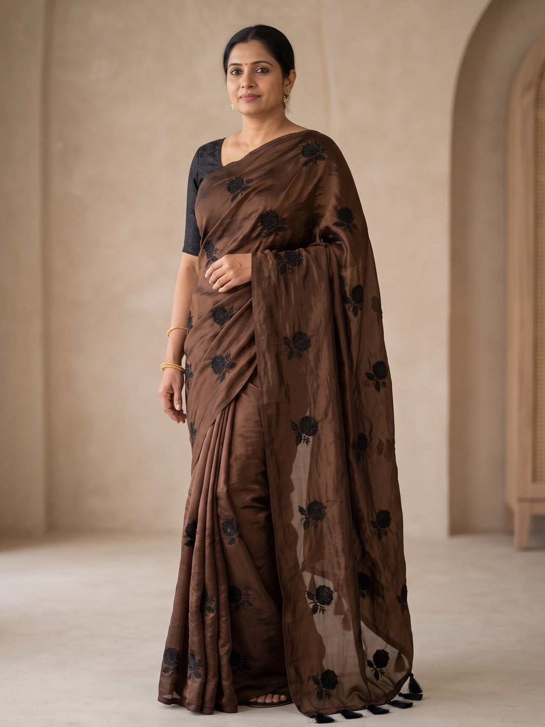 Peachmode Brown Satin Floral Embroidered Saree - Image 4