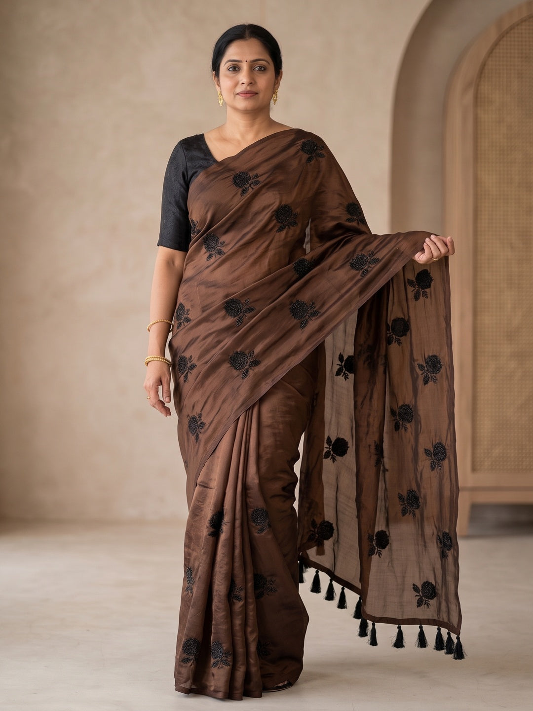 Peachmode Brown Satin Floral Embroidered Saree - Image 5