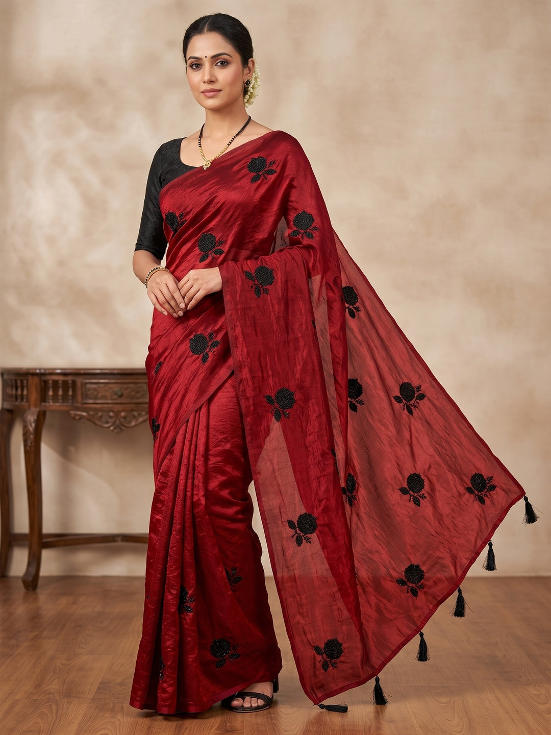 Peachmode Red Satin Floral Embroidered Saree - Image 1