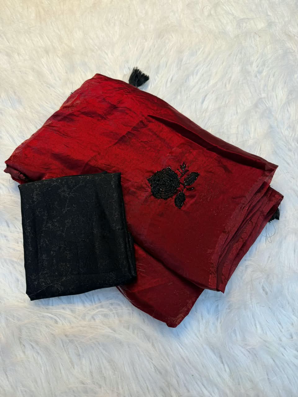 Peachmode Red Satin Floral Embroidered Saree - Image 2