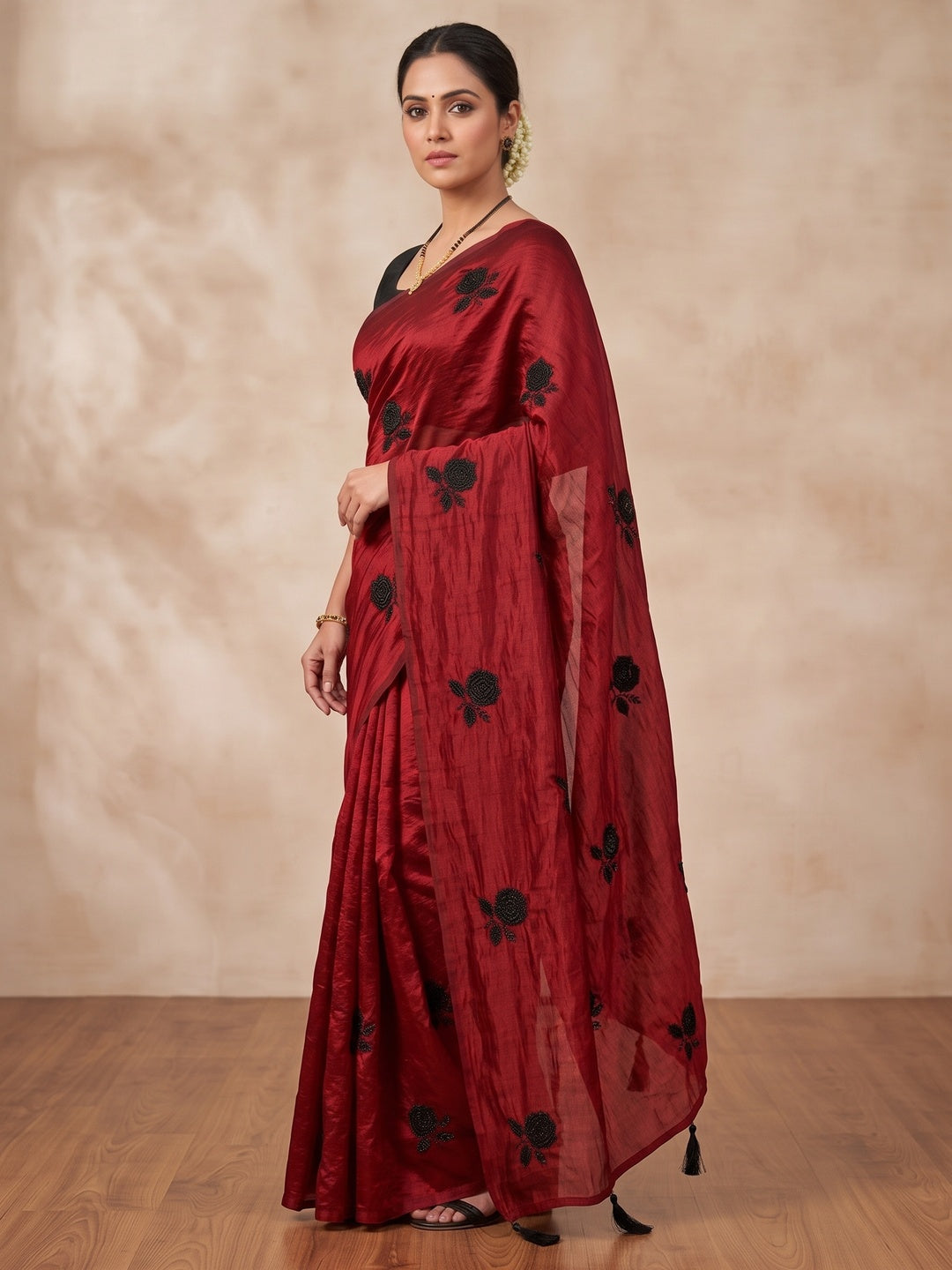 Peachmode Red Satin Floral Embroidered Saree - Image 4