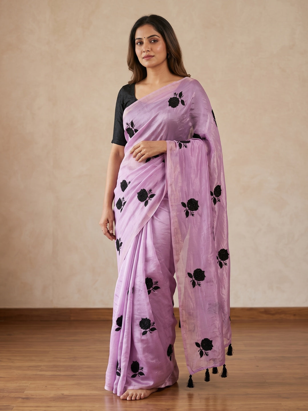 Peachmode Lavender Satin Floral Embroidered Saree - Image 1