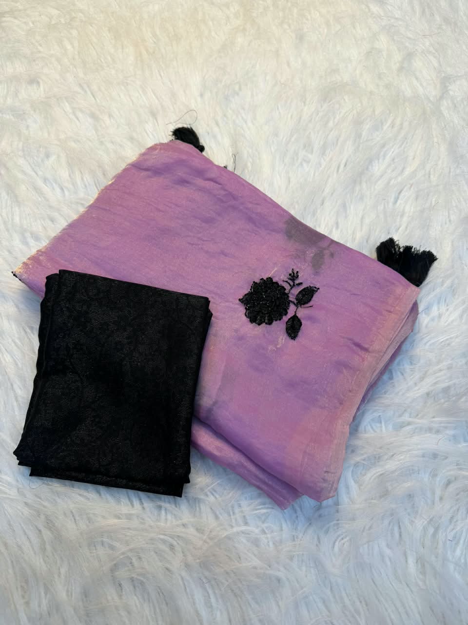 Peachmode Lavender Satin Floral Embroidered Saree - Image 2