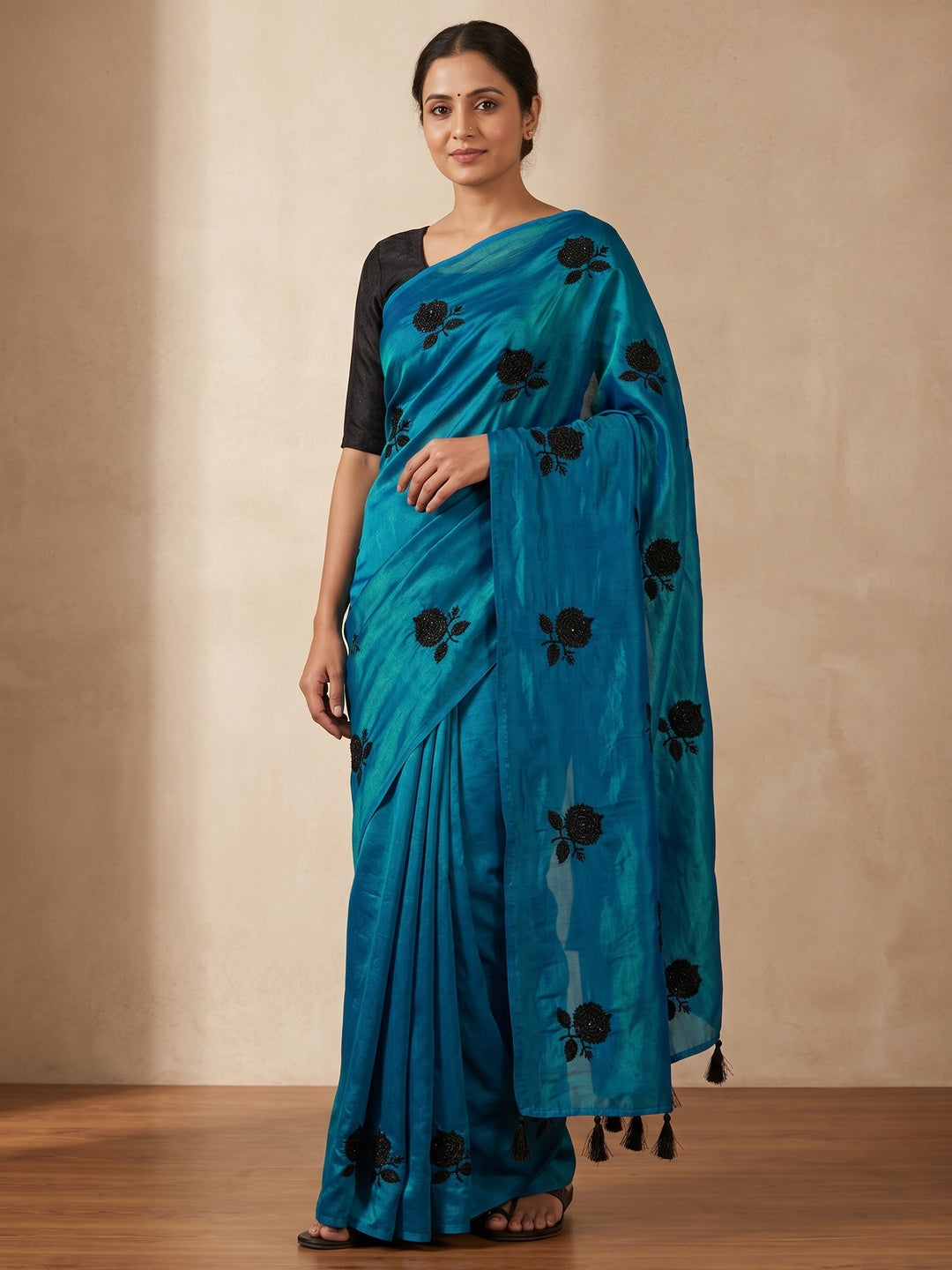 Peachmode Blue Satin Floral Embroidered Saree - Image 1