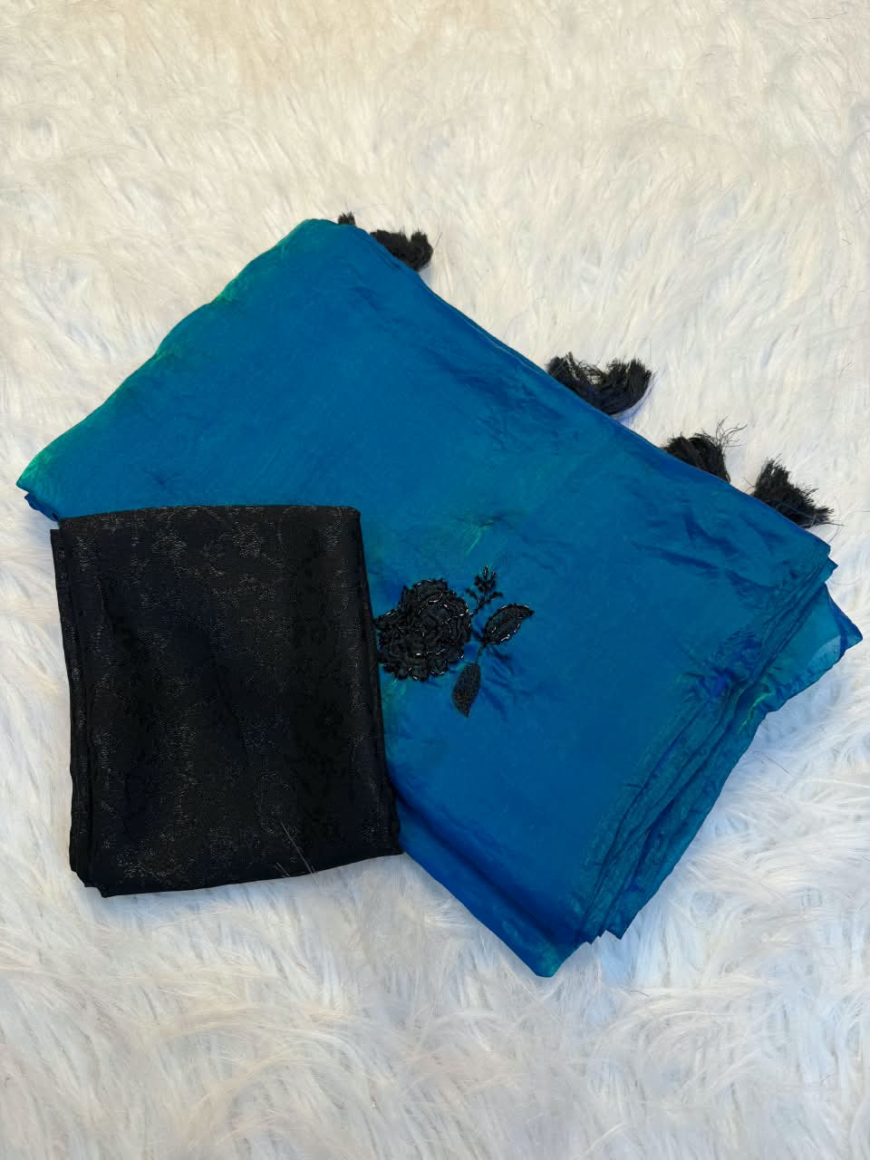 Peachmode Blue Satin Floral Embroidered Saree - Image 2