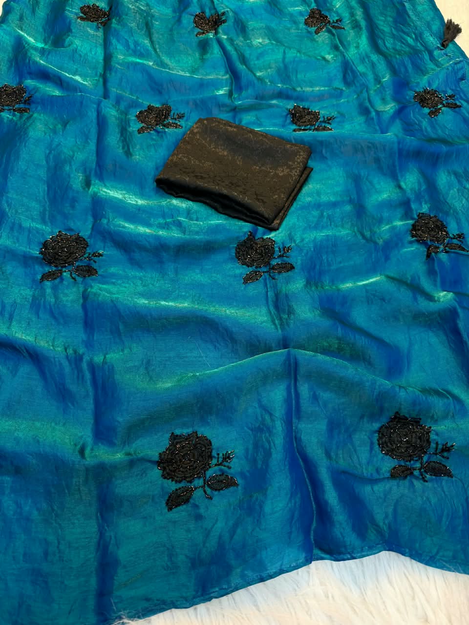 Peachmode Blue Satin Floral Embroidered Saree - Image 3
