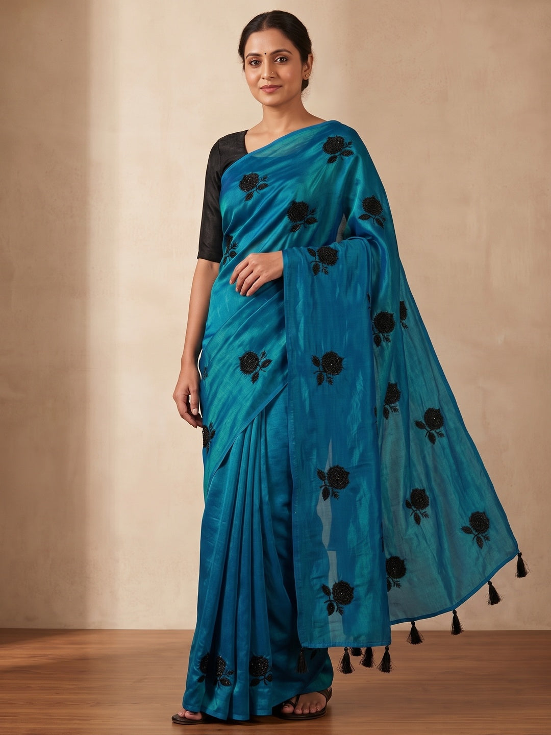 Peachmode Blue Satin Floral Embroidered Saree - Image 5