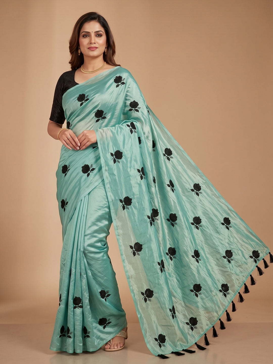 Peachmode Sea Green Satin Floral Embroidered Saree - Image 5