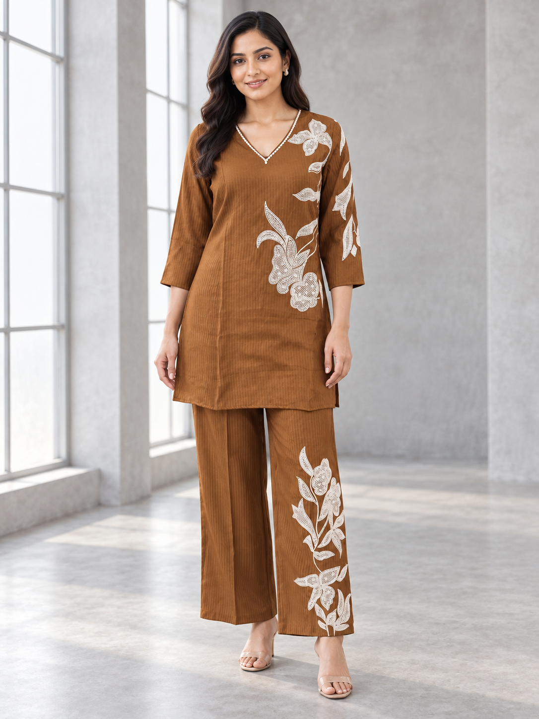 Peachmode Brown Viscose Blend Floral Applique Embroidered Top Bottom Set - Image 1