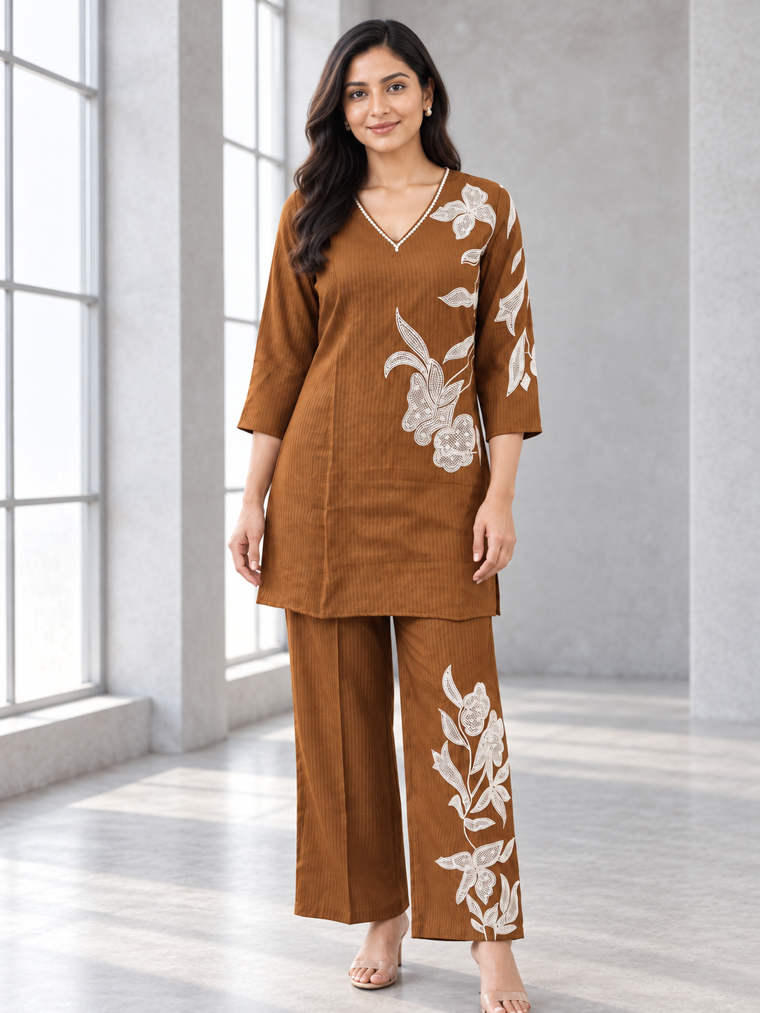 Peachmode Brown Viscose Blend Floral Applique Embroidered Top Bottom Set - Image 5