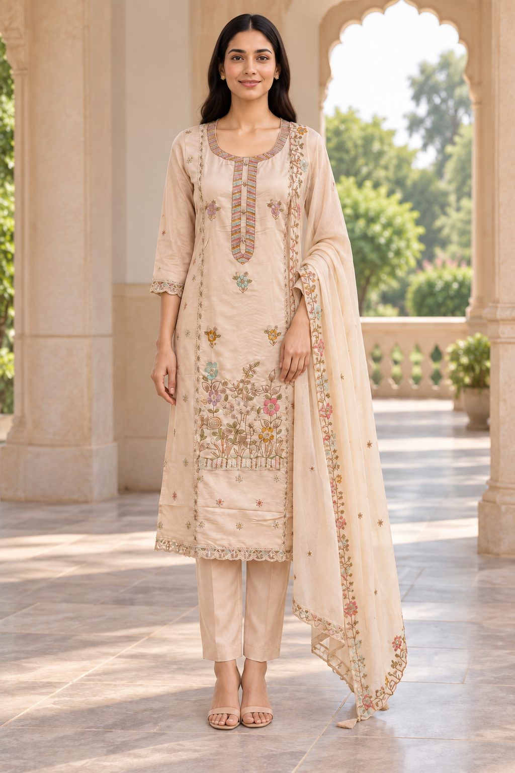 Peachmode Beige Viscose Blend Floral Embroidered Salwar Suit Set - Image 2