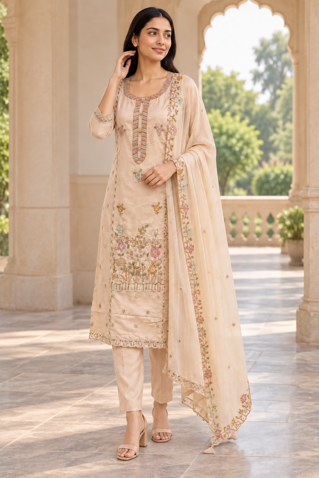 Peachmode Beige Viscose Blend Floral Embroidered Salwar Suit Set - Image 3