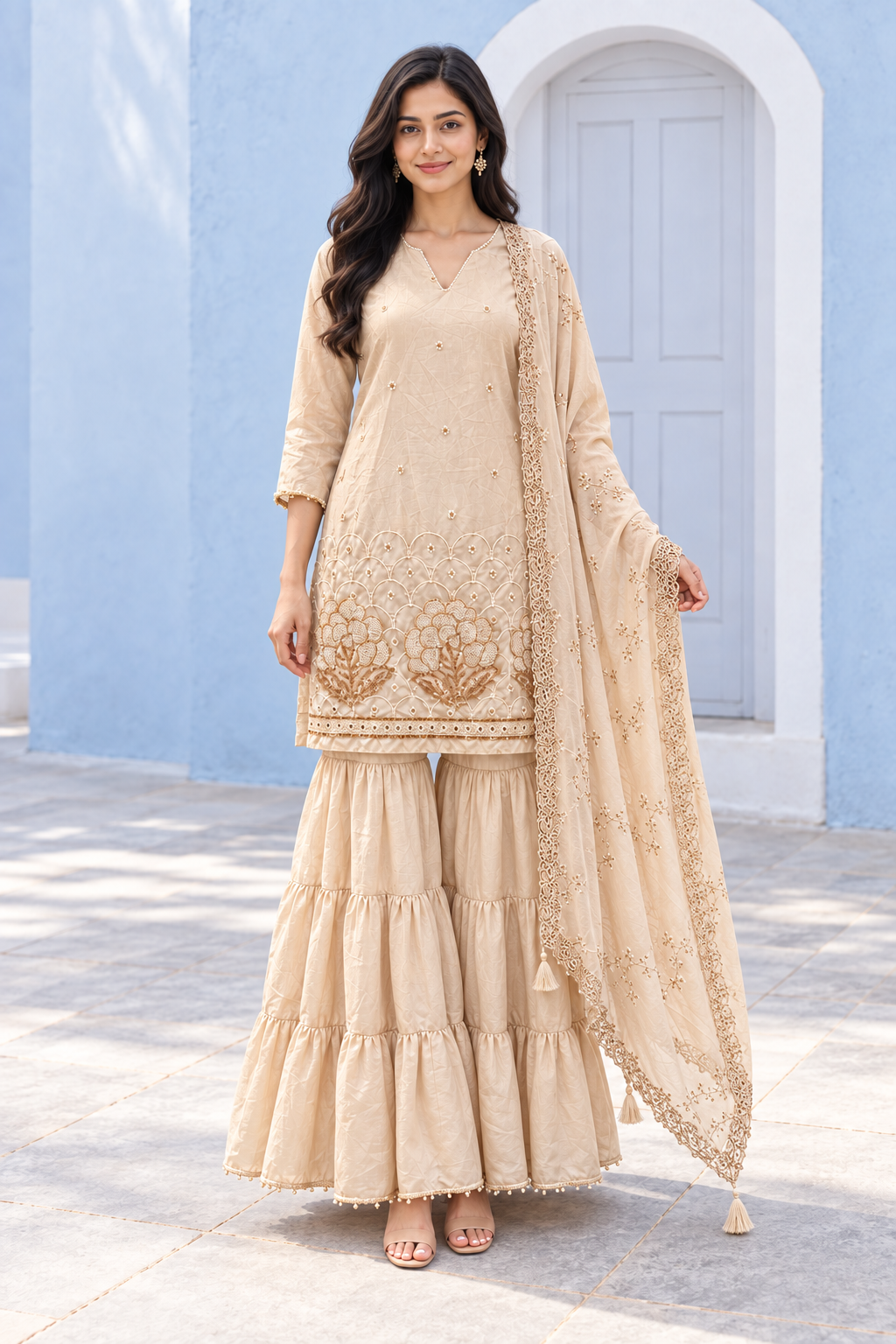 Peachmode Taupe Viscose Blend Floral Embroidered Sharara Suit Set - Image 2