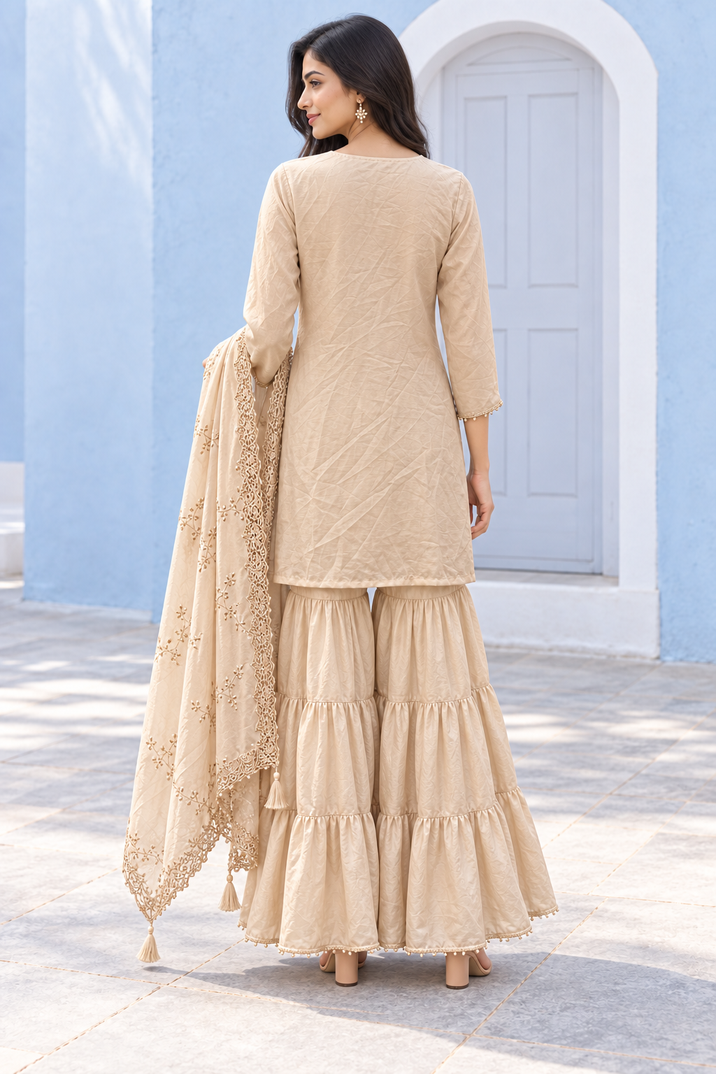 Peachmode Taupe Viscose Blend Floral Embroidered Sharara Suit Set - Image 4