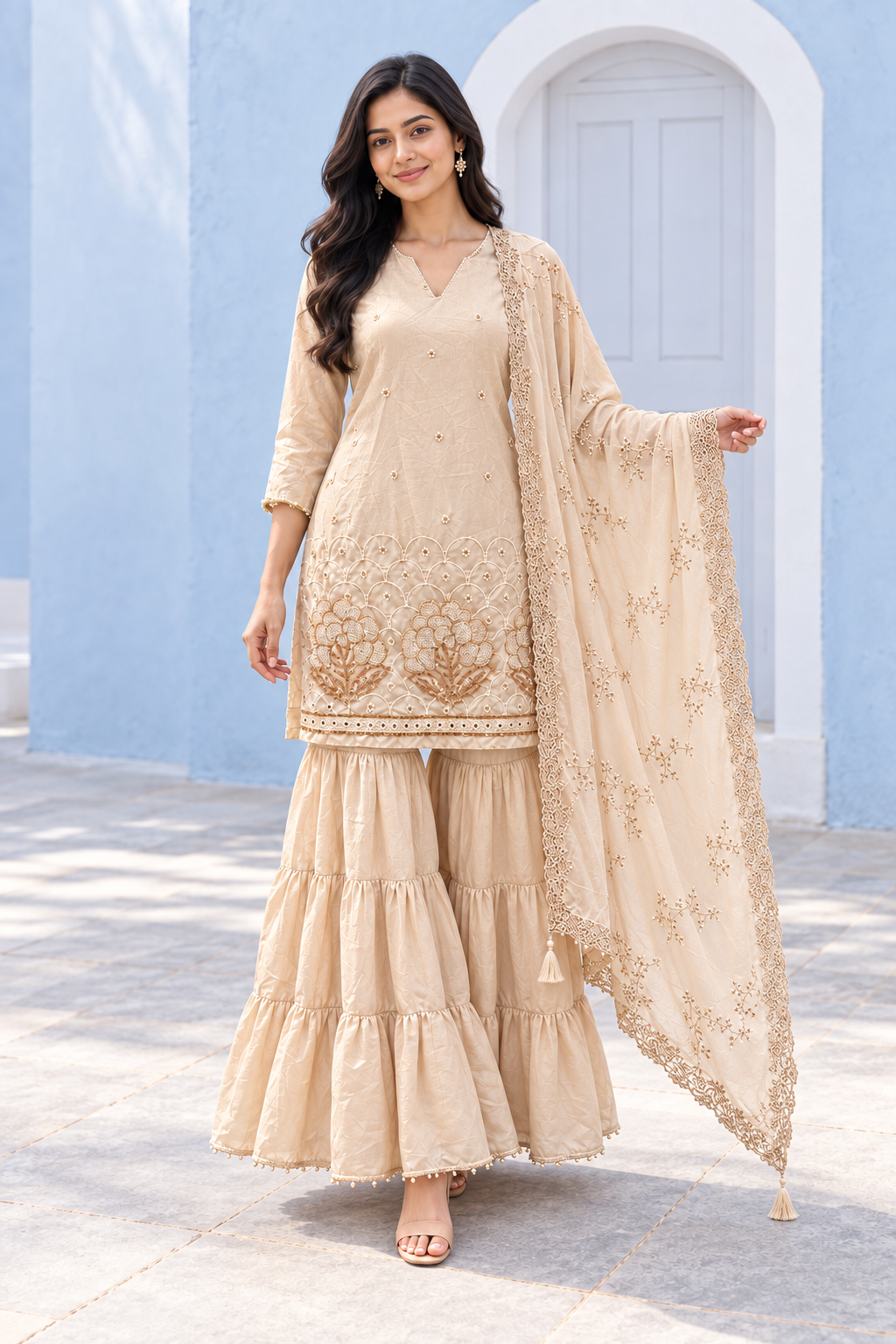 Peachmode Taupe Viscose Blend Floral Embroidered Sharara Suit Set - Image 5