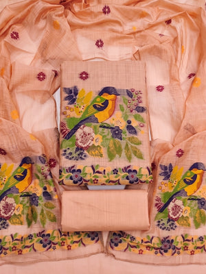 Peachmode Peach Jamdani Cotton Bird Floral Unstitched Dress Material - Image 1