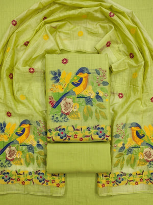 Peachmode Lime Green Jamdani Cotton Bird Floral Unstitched Dress Material - Image 1