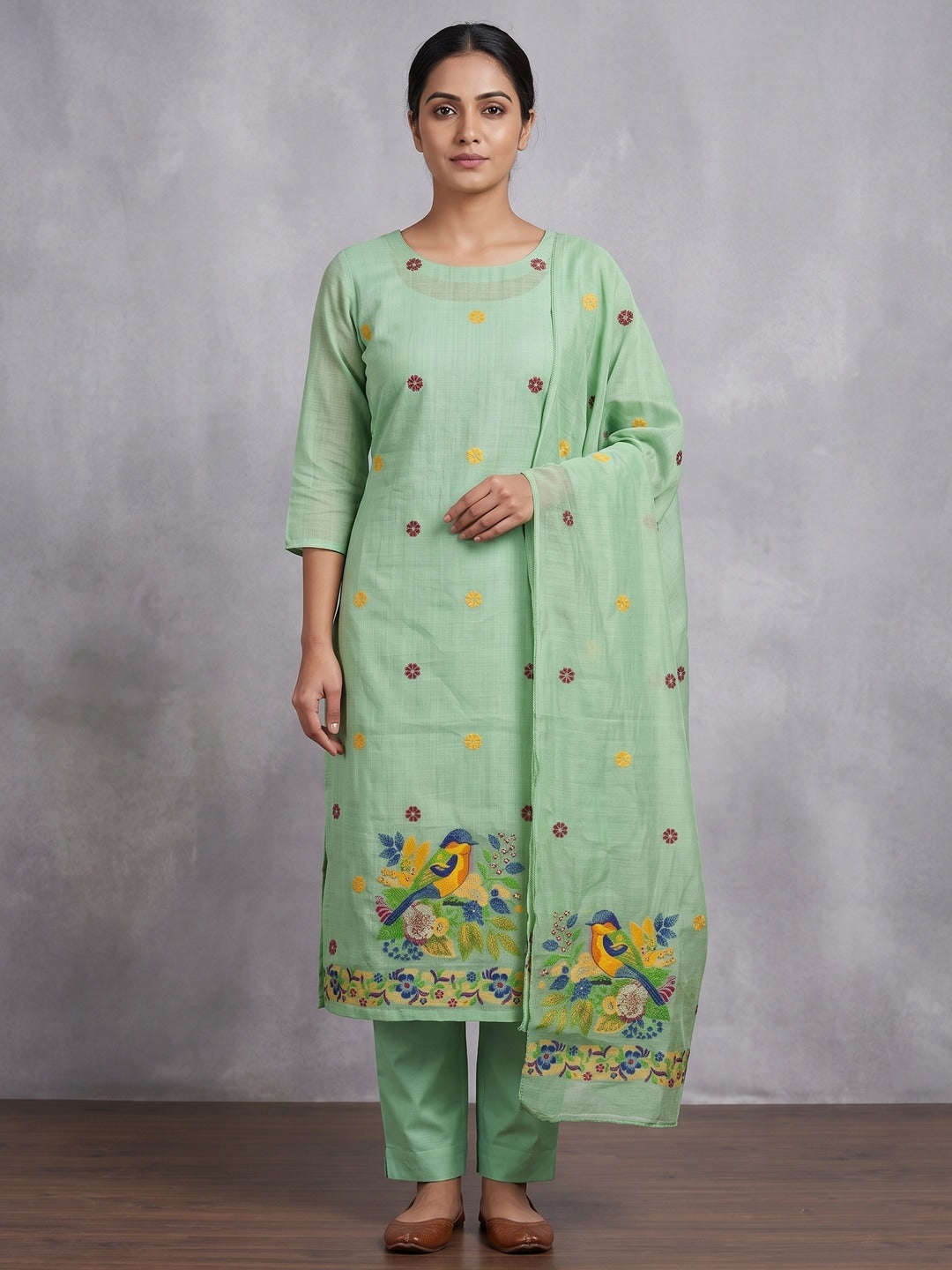 Included product 2: Peachmode Mint Green Jamdani Cotton Bird Floral Unstitched Dress Material (RAJT-7953-MINTGREEN) - original product photograph